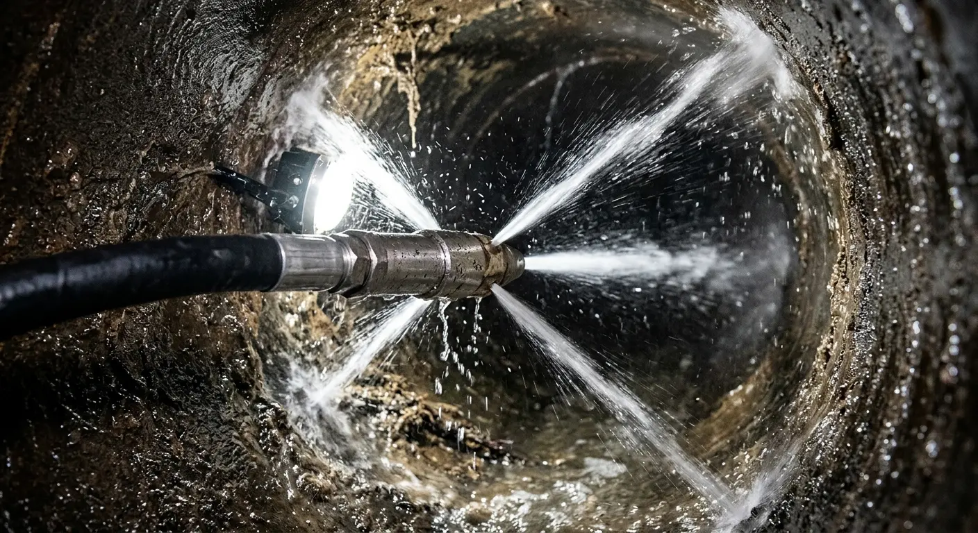 High-pressure hydro jetting nozzle cleaning sewer pipe for Trenchless Sewer Repair in Eastampton