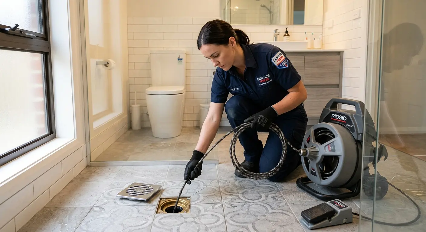 Technician clearing a bathroom floor drain for Sewer Line Installation in Eastampton